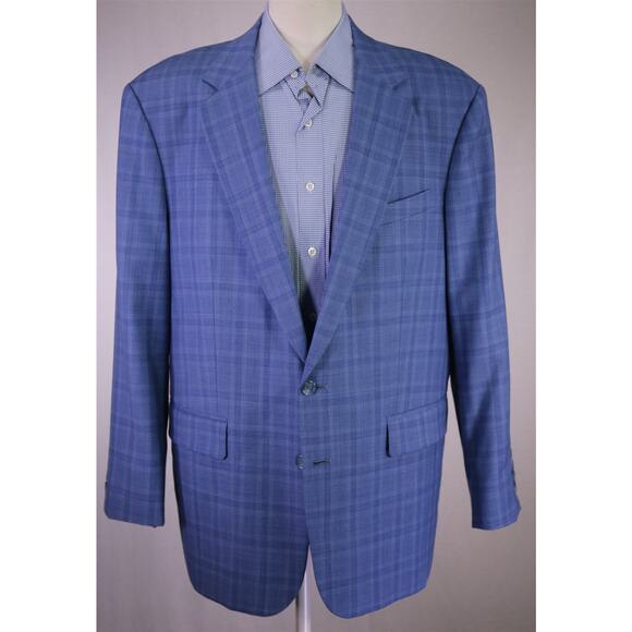 H. Sam Custom Tailor Light Blue Plaid Wool 2-Btn Wool Sportcoat Blazer Men's 46R - Picture 2 of 9